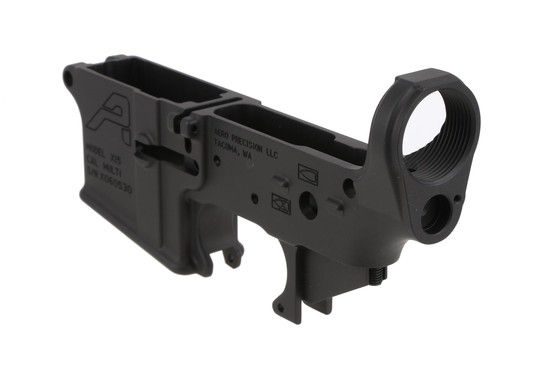 The Aero Precision Stripped lower receiver features a tensioning screw to eliminate rattle